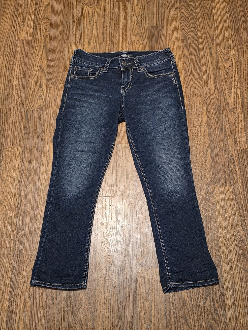 Womens Silver Jeans Elyse Capri Dark Blue Wash W26 L22.5 Thick Stitch Denim F20